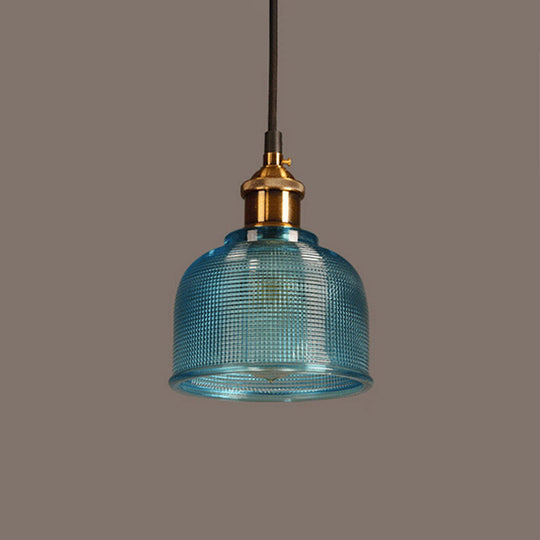 Brass Loft Style Single-Bulb Pendant Ceiling Light With Lattice Glass Bowl Design / Blue