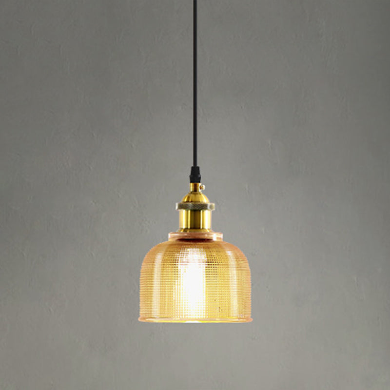 Brass Loft Style Single-Bulb Pendant Ceiling Light With Lattice Glass Bowl Design / Amber