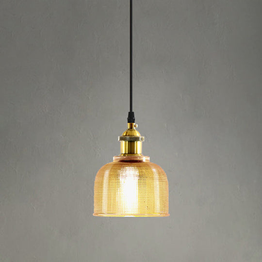 Brass Loft Style Single-Bulb Pendant Ceiling Light With Lattice Glass Bowl Design / Amber