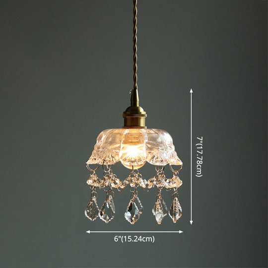 Vintage Flower Shaped Clear Glass Pendant Light With Teardrop Crystals Lighting