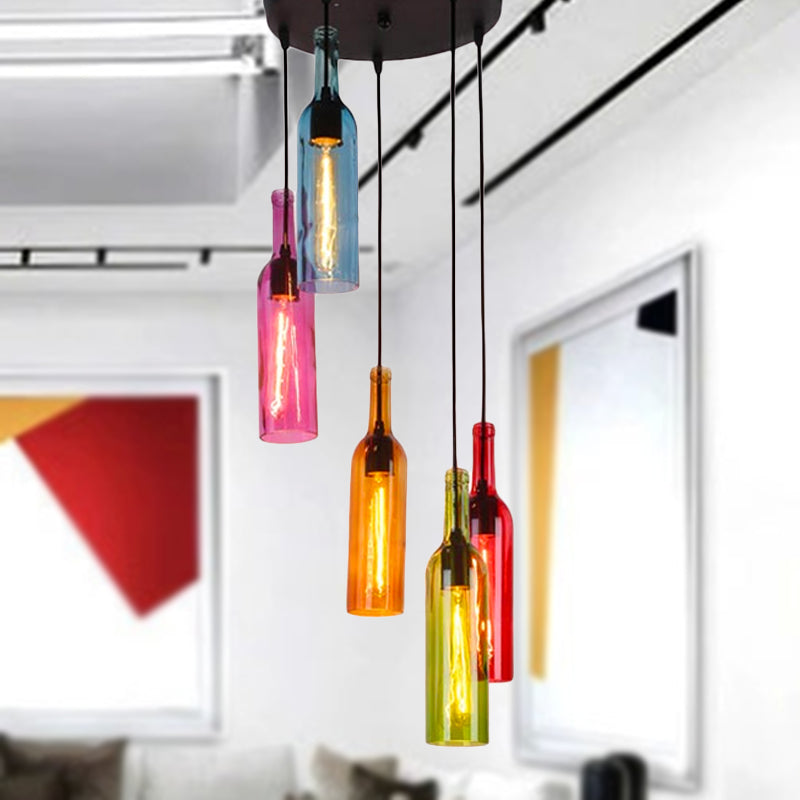 Industrial 3/5-Head Glass Wine Bottle Hanging Light For Restaurants - Black Pendant Lamp With