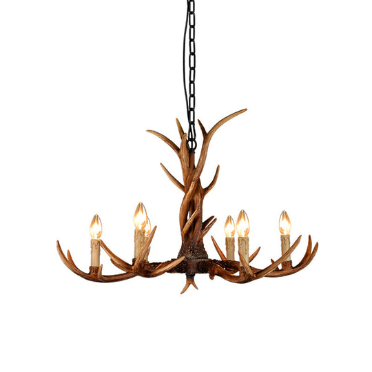 Rustic Brown Resin Antler Chandelier Ceiling Light With Candle Design - Authentic Look