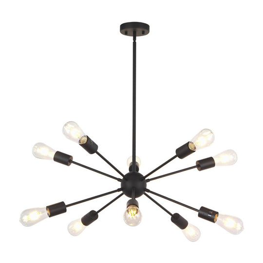 Metallic Sunburst Industrial Pendant Light With Bare Bulbs 10 / Black