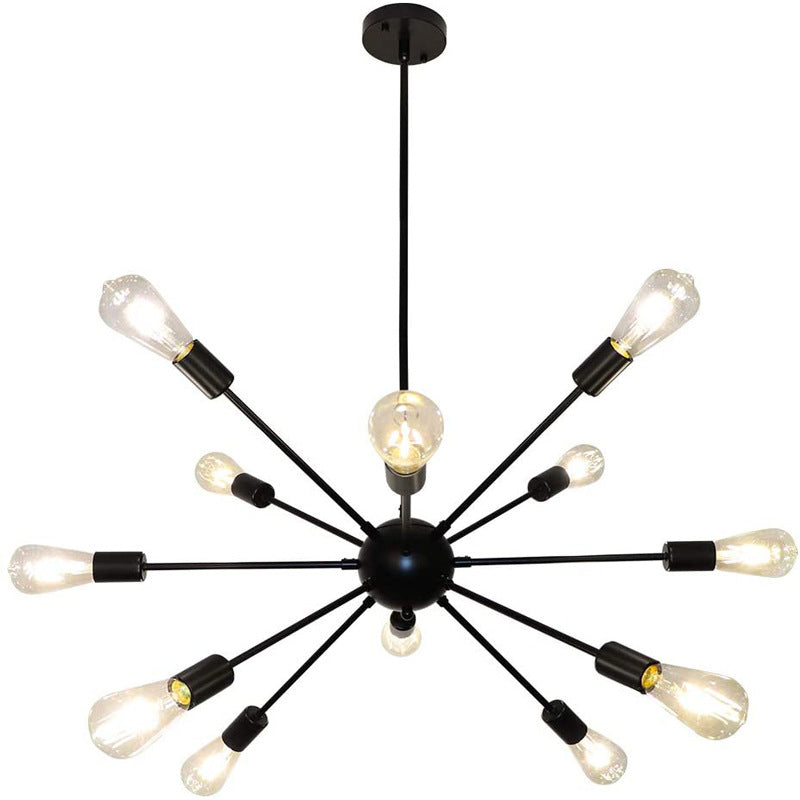 Metallic Sunburst Industrial Pendant Light With Bare Bulbs 12 / Black