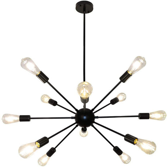 Metallic Sunburst Industrial Pendant Light With Bare Bulbs 12 / Black