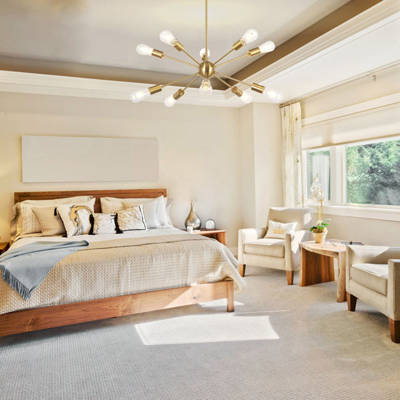 Metallic Sunburst Industrial Pendant Light With Bare Bulbs