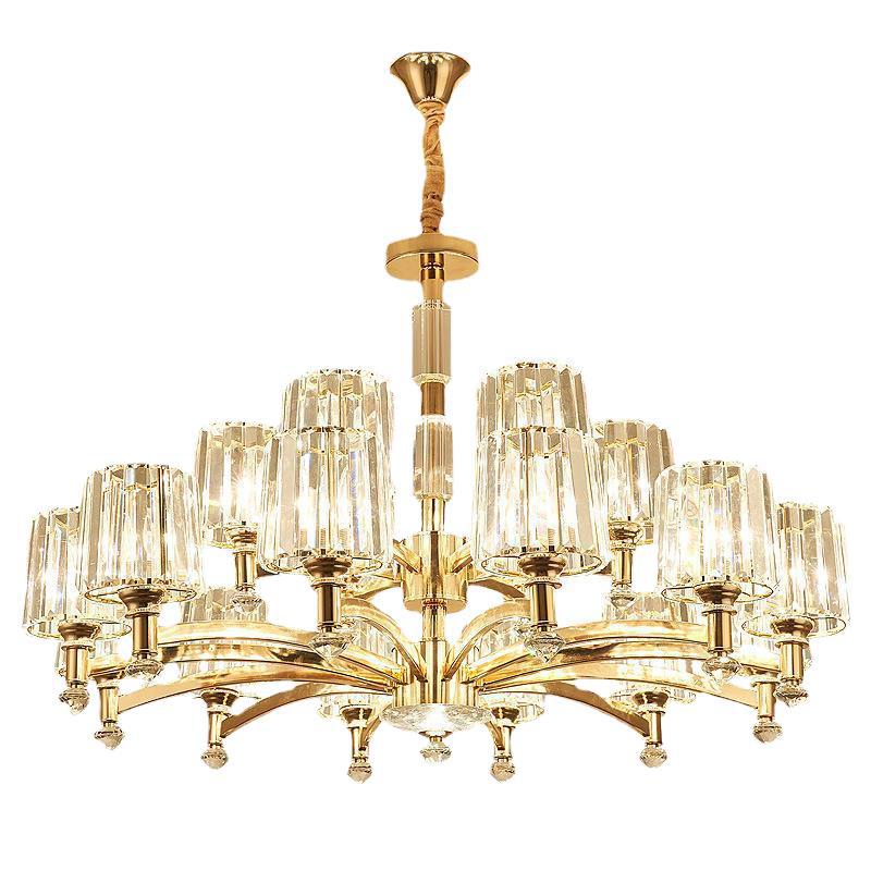 Cylindrical Gold Pendant Chandelier With Minimalist Optic Crystal Prism - Perfect For Living Room