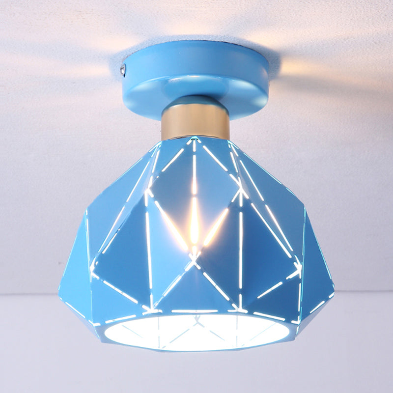 Hollow Polyhedron Metal Ceiling Light For Balconies And Porches Blue