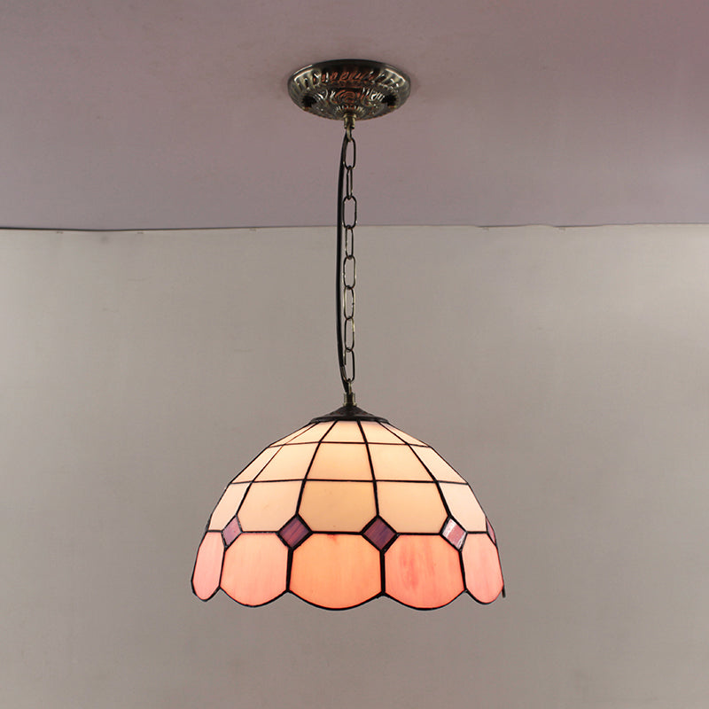 Tiffany-Style Dome Pendant Light - 12’ Wide Glass Hanging Lamp For Living Room Pink