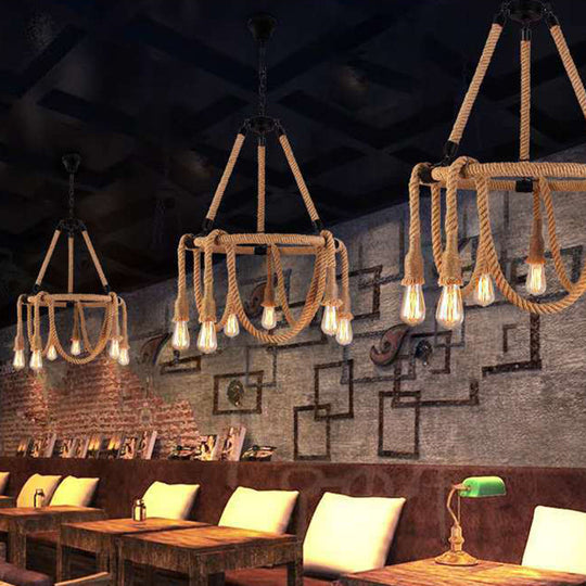 Adjustable Industrial Rope Chandelier - 6 Lights Beige Ceiling Fixture