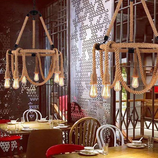 Adjustable Industrial Rope Chandelier - 6 Lights Beige Ceiling Fixture