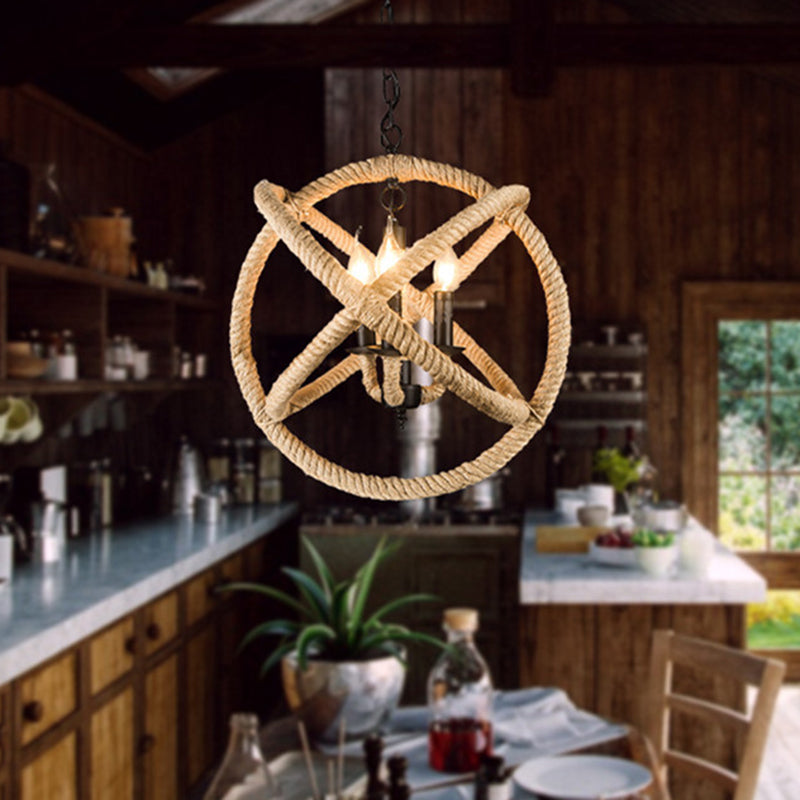 Coastal Black Pendant Lights With Rope Wrapping: Elegant Candle Chandelier Hoops