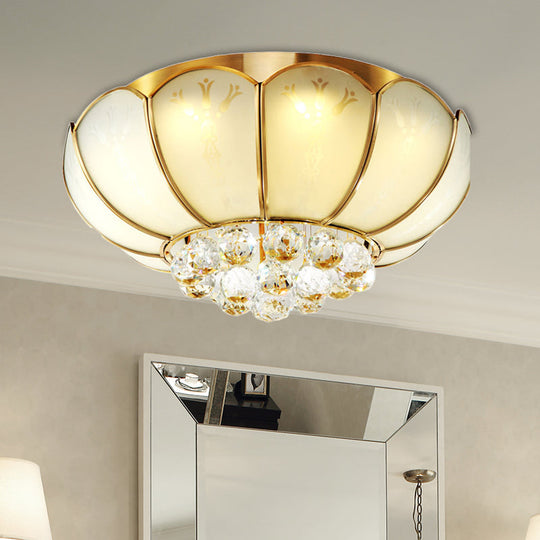 Modern White Glass Flower Flush Mount Light With Crystal Ball Finial - Ideal For Living Room