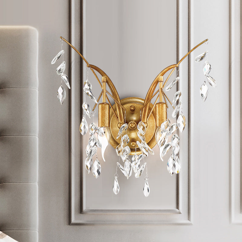 Modern Gold Wall Sconce With Crystal Drop - 2-Light Branch Mount