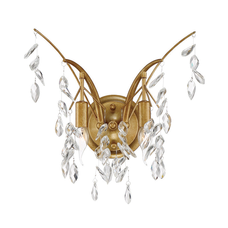 Modern Gold Wall Sconce With Crystal Drop - 2-Light Branch Mount