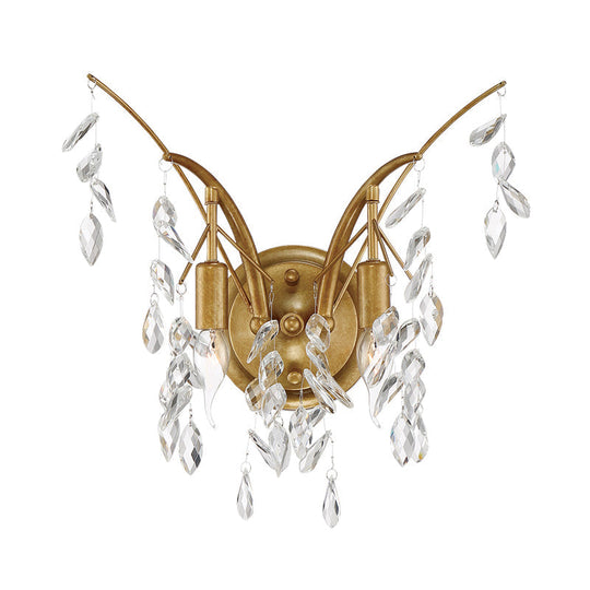 Modern Gold Wall Sconce With Crystal Drop - 2-Light Branch Mount