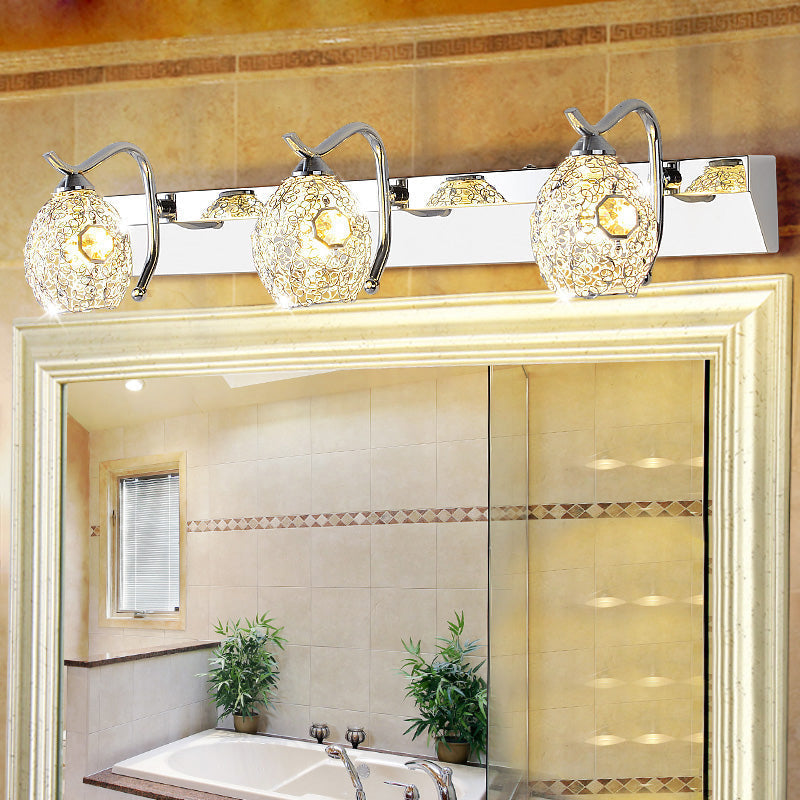 Modern Stainless Steel Domed Wall Light With 3 Heads Silver Vanity Lamp And Clear Crystal Accent