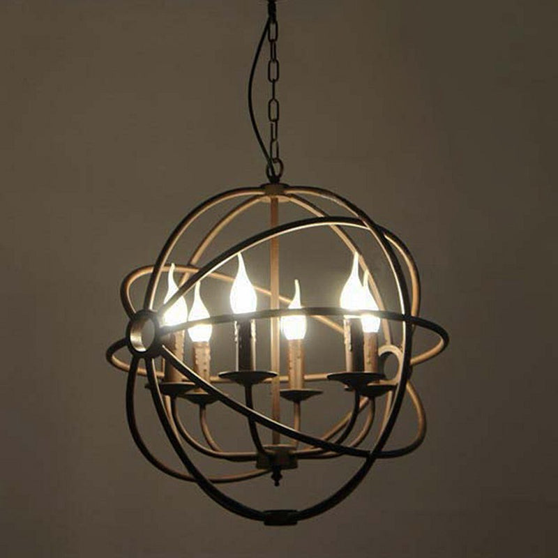 Retro Industrial Globe Pendant Chandelier - Iron Hanging Light Fixture With Candle Design For