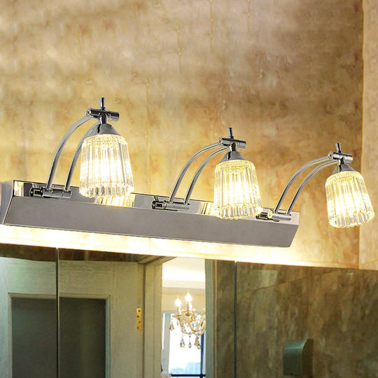 Contemporary Crystal Vanity Light - Fluted Clear Shades Silver Finish 3 Heads Warm/White