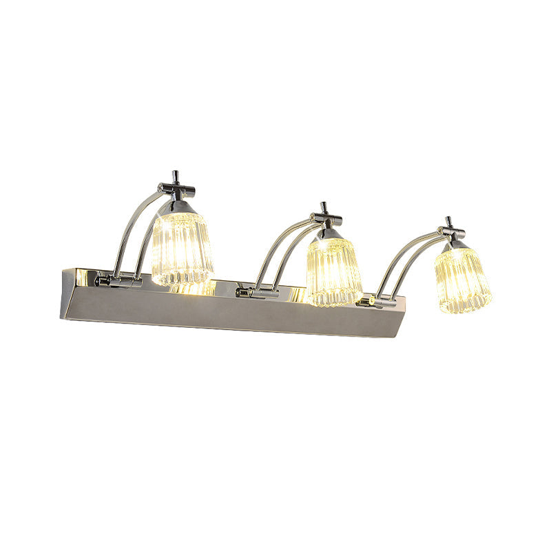 Contemporary Crystal Vanity Light - Fluted Clear Shades Silver Finish 3 Heads Warm/White