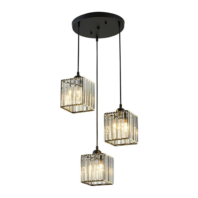 Modern Black Cylindrical Pendant Light With Crystal Shade - Stylish Suspension Lighting Fixture