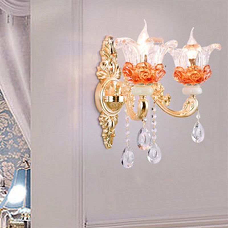 Modern Gold Petal Chandelier With Crystal Accent - Clear Textured Glass Pendant Light 2 /