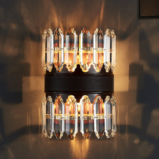 Modern Crystal Wall Sconce Light - Black Cylinder Block Fixture (2/4 Lights)
