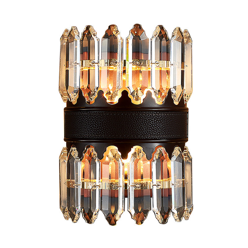 Modern Crystal Wall Sconce Light - Black Cylinder Block Fixture (2/4 Lights)