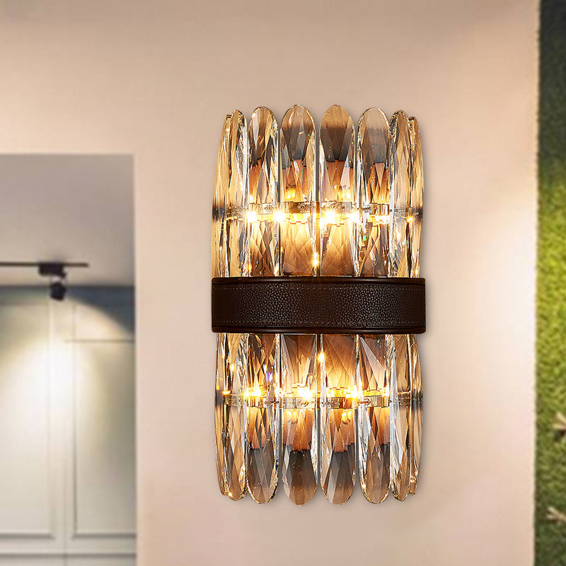 Modern Crystal Wall Sconce Light - Black Cylinder Block Fixture (2/4 Lights)