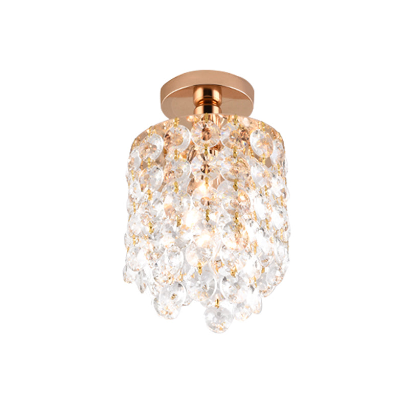 Golden Cylinder Crystal Semi - Flush Ceiling Light With Simplicity Design