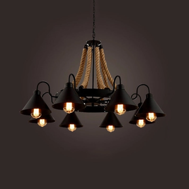 Black Industrial Art Chandelier Light With Rope And Cone Metal Shade 8 /