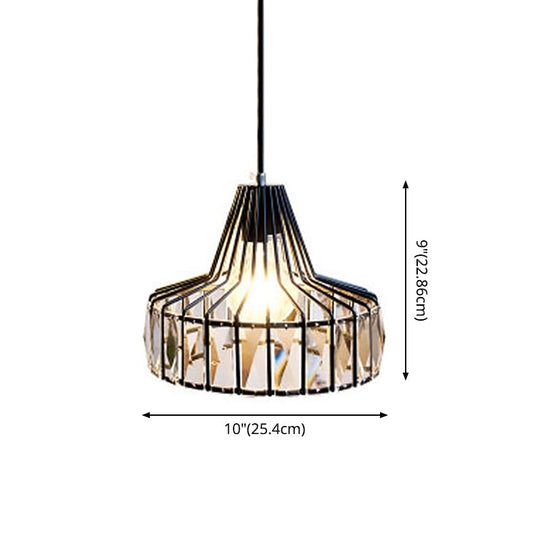 Black Metal Frame Crystal Pendant Light For Dining Room - Modern Ceiling Hanging Fixture