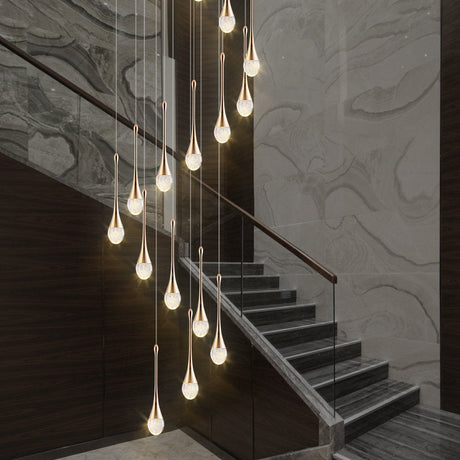 Modern Brass Crystal Hanging Led Pendant Lights - Long Cone Cascade Design For Stairwell