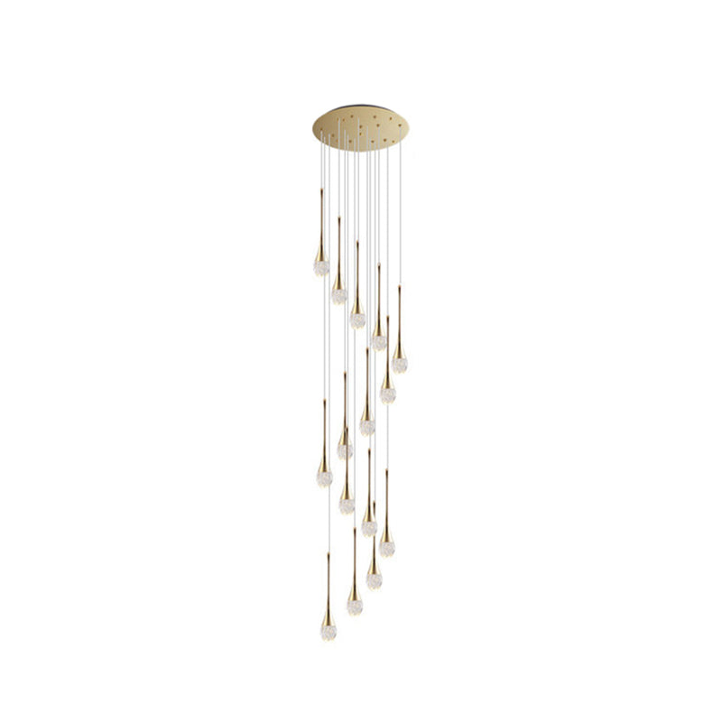 Modern Brass Crystal Hanging Led Pendant Lights - Long Cone Cascade Design For Stairwell 15 /
