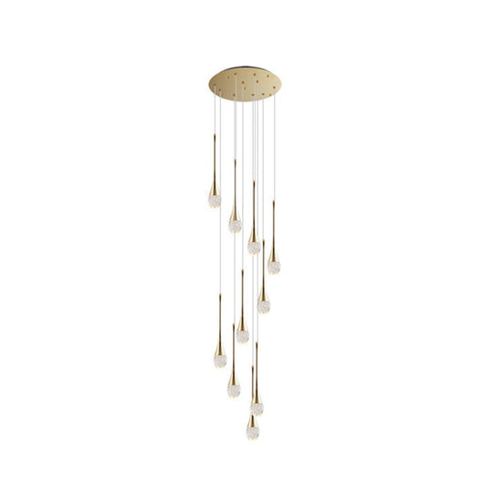 Modern Brass Crystal Hanging Led Pendant Lights - Long Cone Cascade Design For Stairwell 10 /