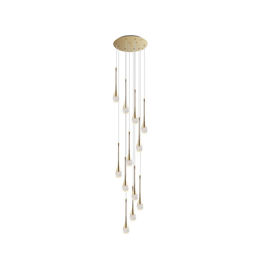 Modern Brass Crystal Hanging Led Pendant Lights - Long Cone Cascade Design For Stairwell 12 /
