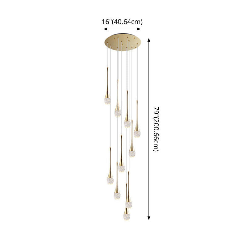 Modern Brass Crystal Hanging Led Pendant Lights - Long Cone Cascade Design For Stairwell