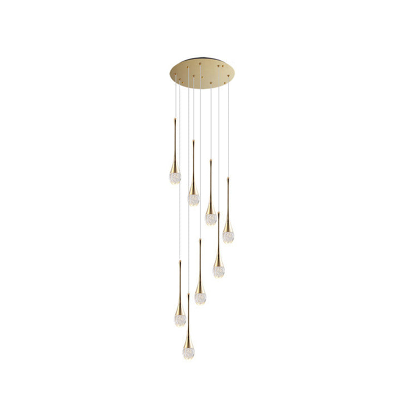 Modern Brass Crystal Hanging Led Pendant Lights - Long Cone Cascade Design For Stairwell 8 /