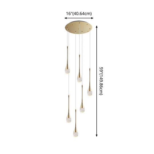 Modern Brass Crystal Hanging Led Pendant Lights - Long Cone Cascade Design For Stairwell