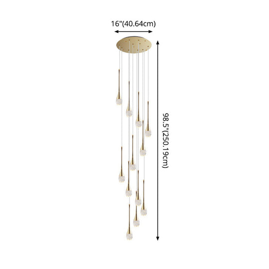 Brass Crystal Cone Pendant Light Set With Long Led Cascade - Perfect For Stairwell