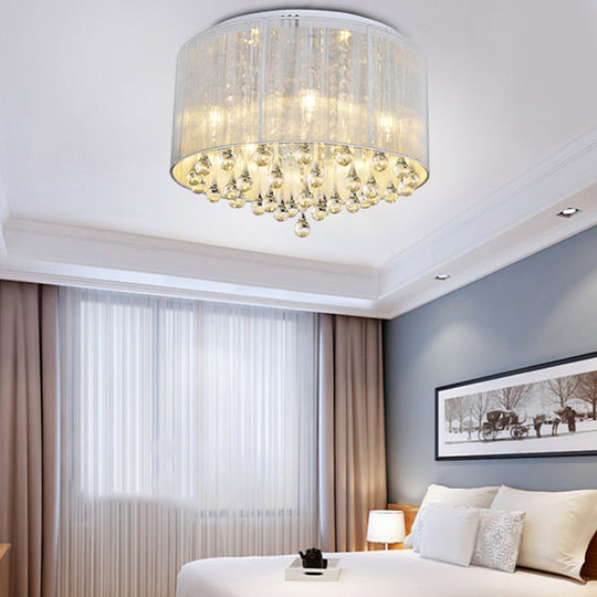 Contemporary Silver Flush Mount Drum Light With 6 - Light Crystal Fixture For Bedrooms