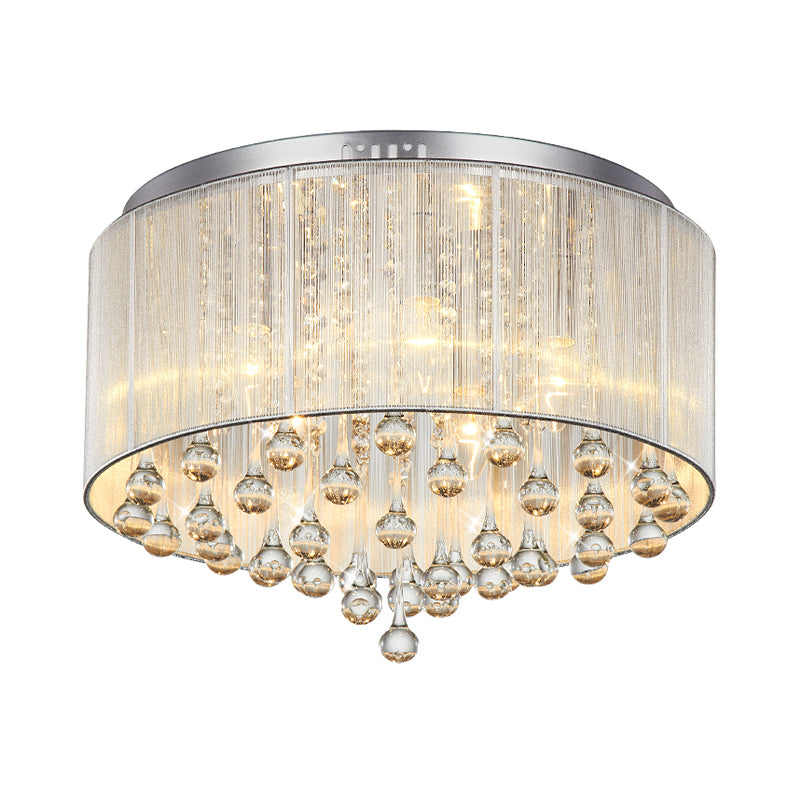 Contemporary Silver Flush Mount Drum Light With 6 - Light Crystal Fixture For Bedrooms