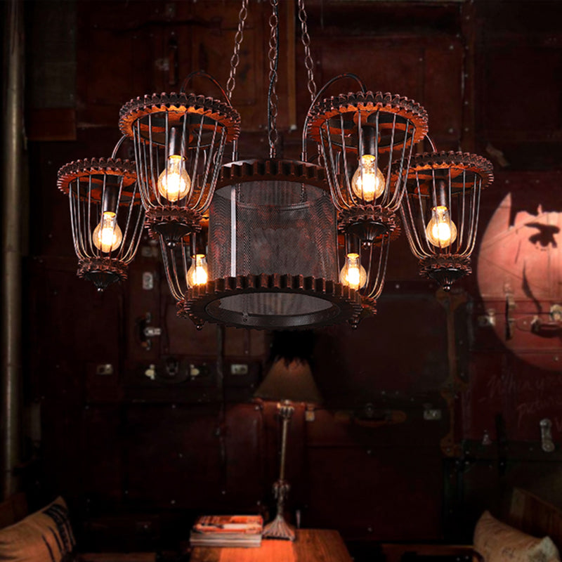 Large Cage Chandelier: Industrial Style Pendant Light Fixture In Wrought Iron With Rust Finish