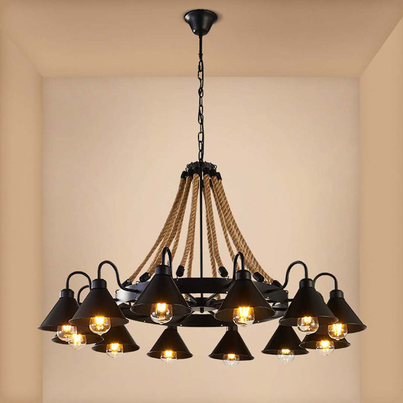Vintage Industrial Chandelier: Large Rope & Cone Metal Shade Pendant Light For Coffee Shops
