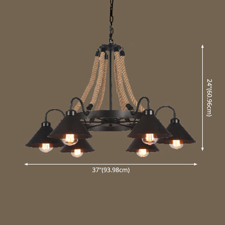Vintage Industrial Chandelier: Large Rope & Cone Metal Shade Pendant Light For Coffee Shops