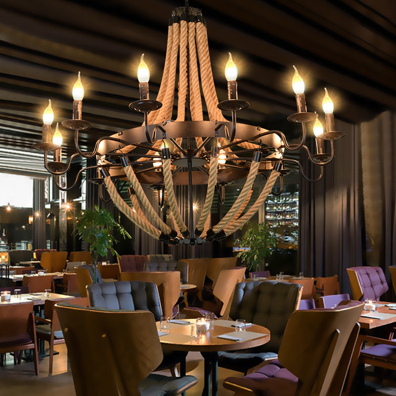 Industrial Rope Style Chandelier Pendant Lamp - Elegant Black Finish Candle Shape Adjustable 39’