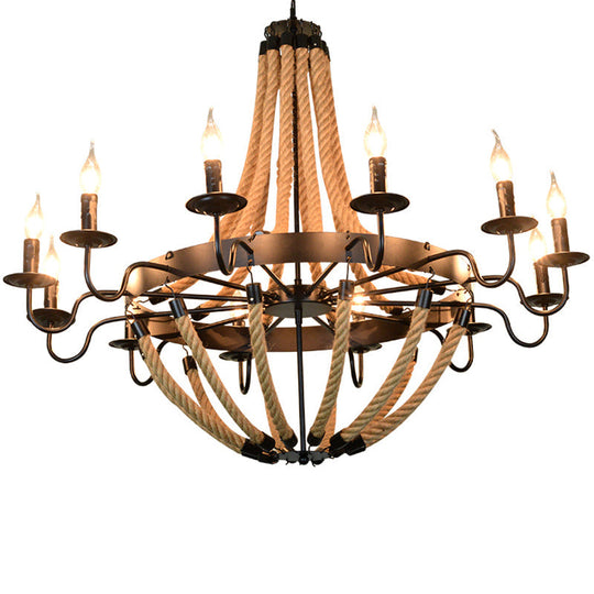 Industrial Rope Style Chandelier Pendant Lamp - Elegant Black Finish Candle Shape Adjustable 39’