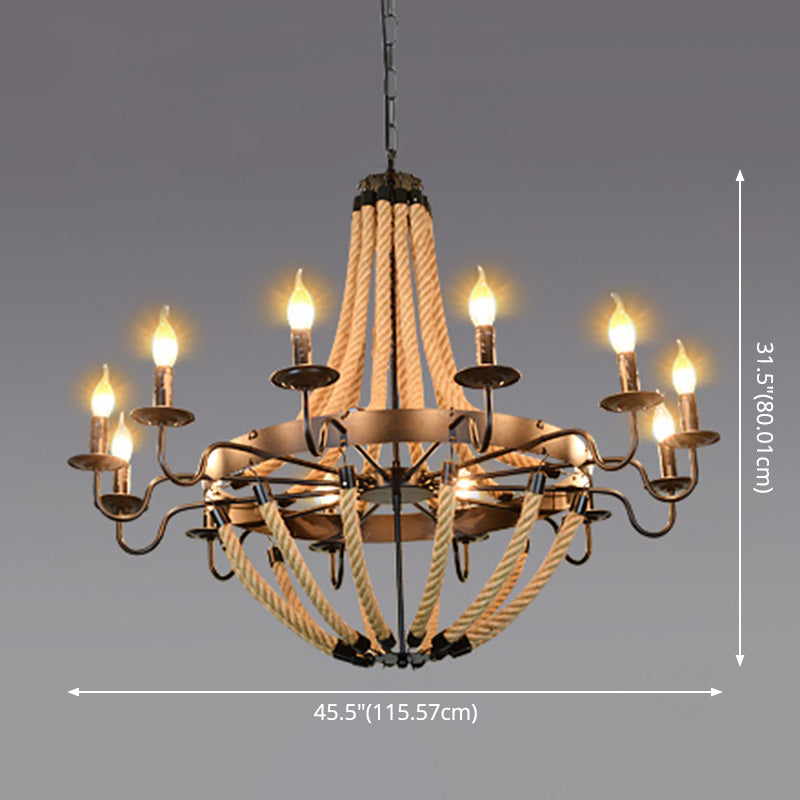 Industrial Rope Style Chandelier Pendant Lamp - Elegant Black Finish Candle Shape Adjustable 39’