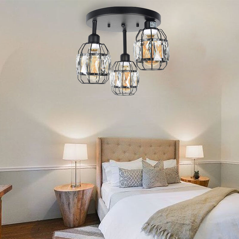 Traditional Cup Shape Iron Frame Ceiling Lamp With Crystal Accent - 3 - Light Semi Flushmount In