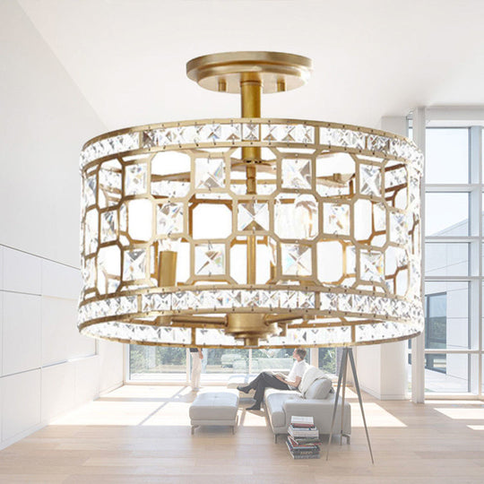 Golden Chinese Style 3 - Light Semi Flush Ceiling Fixture With Metallic Crystal Shade